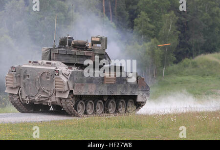 A 25mm ronde est tiré au moyen de l'arme d'un véhicule de combat d'infanterie Bradley affecté à la 1ère Brigade Combat Team, Division de cavalerie pendant les opérations de tir réel pour résoudre combiné II à l'Armée américaine du commandement multinational interarmées dans le terrain d'entraînement Grafenwoehr, Allemagne, 12 juin 2014. C'est la première fois que la 1ère Brigade Combat Team, 1re Division de cavalerie a effectué la formation au tir avec l'ensemble d'activités (EAS). L'EAS est un groupe de la taille d'un bataillon de blindés et d'équipement pré-positionné à l'armée américaine commande multinational interarmées à Grafenwoehr t Banque D'Images