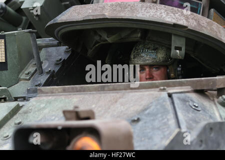 Un soldat se profile sur un véhicule de combat d'infanterie Bradley affecté à la 1ère Brigade Combat Team, 1re Division de cavalerie de préparation pour les opérations de tir réel au cours de l'exercice Combined Résoudre II à l'armée américaine Grafenwoehr, Allemagne zone d'entraînement, le 12 juin 2014. C'est la première fois que la 1ère Brigade Combat Team, 1re Division de cavalerie a effectué la formation au tir avec l'ensemble d'activités (EAS). L'EAS est un groupe de la taille d'un bataillon de blindés et d'équipement pré-positionné à l'armée américaine commande multinational interarmées à Grafenwoehr à soutenir et outfit United States Banque D'Images