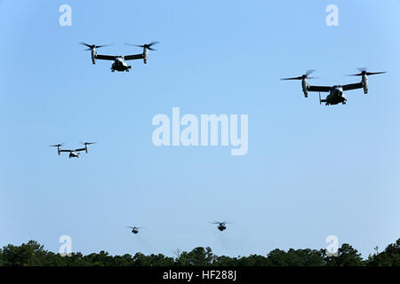 Trois MV-22B Ospreys et deux CH-53E Super étalons de l'escadron 365 à rotors basculants moyen maritime (renforcée), 24e Marine Expeditionary Unit, se préparer à déposer 24e MEU Marines et marins avec l'Équipe de débarquement du bataillon du 3e Bataillon, 6e Régiment de Marines lors d'un assaut vertical cours raid au Camp Lejeune, N.C., 17 juin 2014. L'attaque est partie de Lima, l'entreprise BLT 3/6's la formation avant le déploiement dans le cadre de la préparation de la 24e MEU est un déploiement à la fin de l'année. (U.S. Marine Corps photo par le Cpl. Devin Nichols) BLT 3-6, 24e MEU mène des voies verticales cours raid 140617-M-AR522-024 Banque D'Images