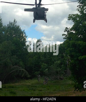 Une armée de New York Vol de la Garde nationale de l'infirmier société basée à Rochester, N.Y. F, 1er Bataillon, 169e Aviation (Air Ambulance) descend dans la conduite d'évacuation médicale à woodline formation avec les soldats d'infanterie de la Garde Nationale de New York's 2e peloton, Compagnie C, 2e Bataillon, 108e d'infanterie, de Gloversville, N.Y. Les deux unités ont effectué une formation intégrée sur Fort Drum 17 Juillet au cours de la formation annuelle des unités. La Garde Nationale de New York prend pour skies 140717-Z-ZZ999-004 Banque D'Images