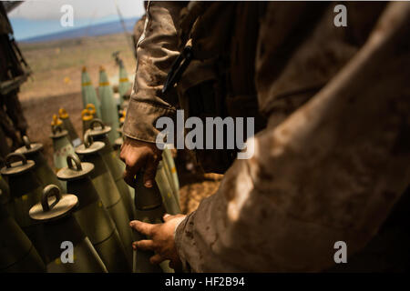 Le Corps des Marines des États-Unis. Matthieu Hibbert, un champ d'artillerie, controlman avec Charlie Batterie, 1er Bataillon, 12e Régiment de Marines, des vis sur le fusible d'un projectile M795 au cours de la ronde de l'artillerie de Rim of the Pacific (RIMPAC) 2014 Zone d'entraînement à Pohakuloa, New York, le 24 juillet 2014. Les trains de l'EXERCICE RIMPAC et améliore le leadership à tous les niveaux, y compris la compétence individuelle, et aiguise les compétences de commandement et de contrôle tout en mettant au défi les participants à s'adapter à l'évolution des conditions dans le cadre d'une articulation ou force combinée. (U.S. Marine Corps photo par Lance Cpl. Wesley Timm/libérés) 'rois de B Banque D'Images