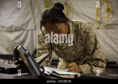 Le sergent Savoeun AEM, le sous-chef de fil avec 9e Bataillon de la Communication, Général de Brigade, 1er Groupe Marine Expeditionary Brigade, enregistre les adresses MAC pour téléphones mobiles afin d'établir et maintenir la communication par fil au cours de la 1ère BAM Exercice à grande échelle à bord Marine Corps Air Ground Combat Center Twentynine Palms, Californie, le 24 juillet 2014. LSE-14 est un exercice d'entraînement bilatérales menées par 1ère BAM pour construire des forces américaines et canadiennes grâce à des capacités interarmées, simulé et constructive des activités de formation militaire. (U.S. Marine Corps Combat Camera Photo par Lance C Banque D'Images