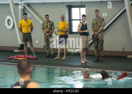 Centre d'Entraînement Commando, Royal Marines, commandant Le Colonel Kevin Oliver et sergent-major régimentaire justifient de 1re classe P. W. McArthur observer nager qualification au cours d'une visite au dépôt de recrues du Corps des marines de l'Île Parris, S.C., le 9 juillet 2015. Le commandant et le sergent-major régimentaire du Commando des Royal Marines, Centre de formation, de se familiariser avec la façon dont les moules de l'Île Parris environ 50  % des recrues de sexe masculin et 100  % des femmes recrues dans Marines lors d'une visite à l'entrepôt, du 8 au 10 juillet 2015. Ils ont visité le dépôt après la discussion sur le rôle des femmes au combat wit Banque D'Images