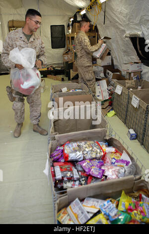 081212-M-6159T-195 Le BISTION CAMP, l'Afghanistan (Décembre 2001). 12, 2008) Spécialiste du Programme Religieux 2e classe Charles Swoboda, gauche, et Spécialiste de programmes religieux 3e classe Jason Shaw boîtes organiser donnés par les citoyens du Nord. (U.S. Marine Corps photo par le Cpl. Pete Boucher/libérés) US Navy 081212-M-6159T-195 Spécialiste de programmes religieux 2e classe Charles Swoboda, gauche, et Spécialiste de programmes religieux 3e classe Jason Shaw boîtes organiser donnés par les citoyens du Nord Banque D'Images