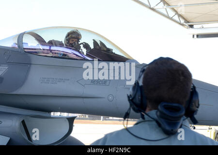 Le lieutenant-colonel Michael Ferrario, F-16 fighter pilot avec la Caroline du Sud Air National Guard, termine une visite pré-vol comme un membre de la 1re classe Josh Crout, chef d'équipe avec le 169e groupe de maintenance, attend de mobiliser l'avion sur la piste. La Garde nationale de Caroline du Sud, le long de la Caroline du Nord et de la Géorgie avec des unités de la Garde nationale menée "Carolina Thunder 14", d'une perceuse week-end, la formation conjointe de l'exercice le 15 novembre 2014. Plus de 30 aéronefs ont participé à la messe à décoller de la base de la Garde nationale mixte Guess, Eastover, L.C. (unités ont effectué des opérations aériennes et terrestres à la Savannah tr Banque D'Images