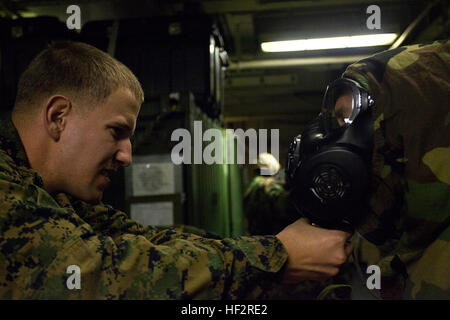 Le Cpl. Evan A. Lafoose, une substance chimique, biologique, radiologique, nucléaire et spécialiste de la défense à la 24e unité expéditionnaire de marines, l'élément de commandement de l'élève ajuste un M50-mixte à usage général de masque à gaz lors d'une mission de protection axé sur les cours de recyclage de posture à bord de l'USS Iwo Jima (DG 7) le 8 janvier 2015. La 24e MEU et Iwo Jima Groupe amphibie mènent des opérations navales dans la sixième flotte américaine zone d'opérations à l'appui de la sécurité nationale des États-Unis en Europe. (U.S. Marine Corps photo par Lance Cpl. Austin A. Lewis) 24e MEU mène de MOPP cour de recyclage Banque D'Images