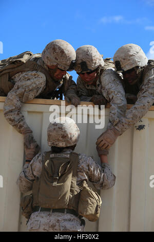 De gauche à droite : Les missilemen avec Section Anti-Armor, Armes de combat, de l'entreprise Groupe de travail intégré de l'élément, le Cpl. Ruben J. Ayala, Sgt. Amaya Garnica, Marin et lance le Cpl. Terrence A., ascenseur, Sgt. Emma A. Bringas au-dessus d'un mur de huit pieds au cours d'un essai pilote à distance 107, Marine Corps Air Ground Combat Center Twentynine Palms, California, le 2 mars 2015, en préparation de la Marine Corps Test de fonctionnement et d'évaluation l'évaluation de l'activité. À partir de Octobre 2014 à juillet 2015, le GCEITF sera conduite au niveau individuel et collectif dans la formation des compétences terrain désigné com Banque D'Images