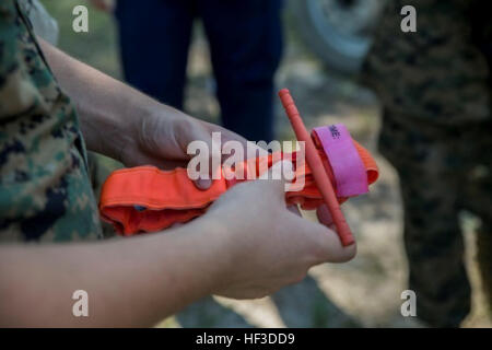 Les cadets avec Marine Corps des officiers subalternes de réserve du corps de formation, d'écoles secondaires à travers la côte est, d'apprendre comment bien appliquer un garrot pendant un camp de leadership de l'été à bord de Camp Lejeune, en Caroline du Nord, le 17 juin 2015. Cadets répartis en quatre pelotons et est allé à différents comptoirs de pratiquer des soins sur le terrain tactique. (U.S. Marine Corps photo par Lance Cpl. Joshua A. Flinton/libérés) Cadets viennent à Camp Lejeune pour camp de leadership de l'été 150617-M-ZZ999-008 Banque D'Images