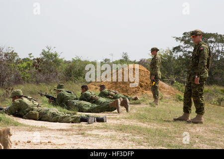 Un instructeur de tir avec 2e Bataillon, Royal Canadian Regiment, travaille avec les Nations Unies de mener une formation au fusil Gamme Hattieville, Belize, le 17 juin, 2015. Tradewinds 2015 est une combinaison d'Command-Sponsored sud américaine mixte, l'exercice et de l'occasion pour les nations participantes de se réunir et de renforcer la sécurité régionale. (U.S. Marine Corps Photo par Lance Cpl. Kimberly Aguirre/libérés) Tradewinds 2015 150617-M-NX410-040 Banque D'Images