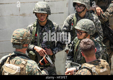 Les Marines américains avec Fox compagnie, 2e Bataillon, 24e, 23e Régiment de Marines Marines, 4e Division de marines (MARDIV), Forces maritimes Réserver et République de Corée (ROK) Marines avec 5e compagnie, 2e Bataillon, 7e Régiment de Marines, LRE MARDIV tactiques d'échange et de procédures opérationnelles standard pour les patrouilles et des pièces pendant les opérations militaires en territoire urbain (MOUT) partie du programme d'échange maritime coréen 15-8 à Pohang, Corée du Sud dans le cadre de la péninsule de Express 15, Juillet 2nd, 2015. Peninsula Express fait partie d'une série de service régulièrement combinés, petit-unité, l'entraînement tactique e Banque D'Images