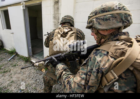 Les Marines américains avec Fox compagnie, 2e Bataillon, 24e, 23e Régiment de Marines Marines, 4e Division de marines (MARDIV), Forces maritimes Réserver et République de Corée (ROK) Marines avec 5e compagnie, 2e Bataillon, 7e Régiment de Marines, LRE MARDIV tactiques d'échange et de procédures opérationnelles standard pour les patrouilles et des pièces pendant les opérations militaires en territoire urbain (MOUT) partie du programme d'échange maritime coréen 15-8 à Pohang, Corée du Sud dans le cadre de la péninsule de Express 15, Juillet 2nd, 2015. Peninsula Express fait partie d'une série de service régulièrement combinés, petit-unité, l'entraînement tactique e Banque D'Images