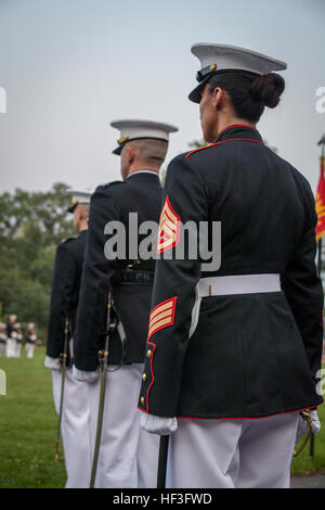 Les Marines américains sont à la position de l'attention pendant le coucher du soleil à la parade Marine Corps War Memorial, Arlington, Va., le 7 juillet 2015. Corps des Marines à la retraite de l'Adjudant-chef 4 Hershel "woody" Williams était l'invité d'honneur pour la parade et le lieutenant-général Ronald L. Bailey a été l'accueil officiel. Depuis septembre 1956, défilé et encore de machines de la caserne de la Marine à Washington, D.C., ont été rendre hommage à ceux dont l'une valeur sans commune était une vertu commune" en présentant les défilés au coucher du soleil dans l'ombre de la 32 pieds de haut chiffres de l'United States Marine Corps War Memorial. (U.S. Mari Banque D'Images