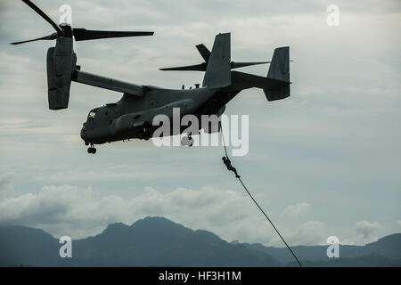 Un marin philippin cordes rapide hors d'un MV-22B Osprey affectés à l'Escadron 262 marines à rotors basculants moyen au cours de l'exercice 2015-2 Air Assault Support sur Basa Air Base à Pampanga, Philippines, le 19 juillet 2015. AASE est un exercice d'entraînement bilatéral entre les forces des Philippines et de Marines des États-Unis visant à renforcer le partenariat entre les deux nations. Les marines sont des Philippines avec l'équipe d'atterrissage 1 Bataillon Maritime, 1er Bataillon, Corps des Marines des Philippines. Le VMM-262 est joint à Marine Aircraft Group 36, 1er, aile d'avion Marine III Marine Expeditionary Force à travers le programme de déploiement de l'unité. (U.S. Banque D'Images