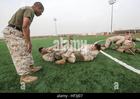 CAMP LEMONNIER, Djibouti (16 août 2000 5, 2015) Les Marines américains avec l'Inde, l'entreprise Équipe de débarquement du bataillon, 3e bataillon du 1er Régiment de Marines, 15e Marine Expeditionary Unit, la pratique de techniques de combat sans armes. Les Marines combinent la formation physique et techniques d'enseignement pour construire la conduite d'petit-unité chez leurs jeunes Marines. Éléments de la 15e MEU sont à terre à Djibouti pour soutien la formation pour maintenir et améliorer les compétences qu'ils ont développé au cours de leur période de formation de pré-déploiement. La 15e MEU est actuellement déployé à l'appui d'opérations de sécurité maritime et sécurité théâtre cooper Banque D'Images