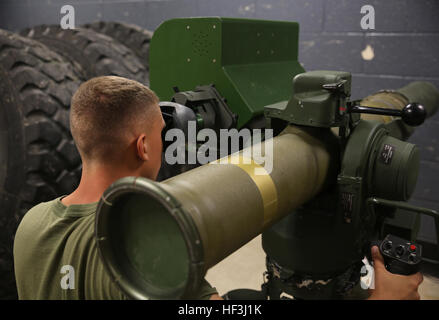Lance le Cpl. Gentry Osborne, un missile antichar combinée avec l'homme Anti-Armor peloton, compagnie de l'équipe d'Armes, 2e Bataillon, 2e Régiment de Marines, exploite une simulation de M41A4 système de missiles Sabre pendant une simulation de l'exercice anti-blindage à Camp Lejeune, en Caroline du Nord, le 8 août 2015. La simulation de Sabre a contesté l'inclusion de Marines avec ses cibles amies et ennemies, l'essai leur jugement avant de faire feu. (U.S. Marine Corps photo par le Cpl. Paul S. Martinez/libérés) 2-2 Co. armes sur des cibles de Marines 150811-M-ZM882-127 Banque D'Images