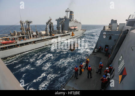 Golfe d'ADEN (16 août 2000 15, 2015) l'USNS John Ericsson (T-AO 194) offre des fournitures et des biens à la station de transport amphibie USS Anchorage (LPD 23) au cours d'un ravitaillement en mer. La 15e unité expéditionnaire de Marines est embarquée à bord de l'ancrage, dans le cadre de la Essex groupe amphibie, et est déployée à l'appui d'opérations de sécurité maritime et les efforts de coopération en matière de sécurité dans le théâtre dans la 5e flotte américaine zone d'opérations. (U.S. Marine Corps photo par le Sgt. Steve H. Lopez/libérés) Mail appel, les Marines américains et les marins trient les paquets 150815-M-TJ275-062 Banque D'Images