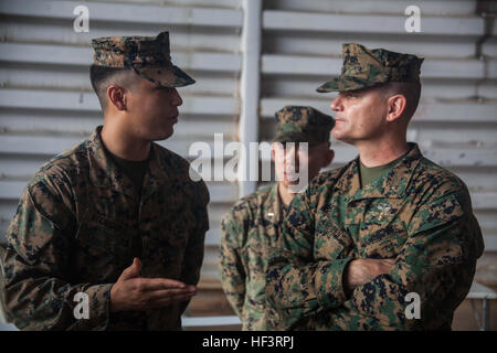 Le général de brigade du Corps des Marines américain Russell A. Sanborn (droite), général commandant la 1ère Marine Aircraft Wing parle avec le 1er lieutenant Danilo O. Rodriguez avec du bataillon logistique de combat 31, 31e Marine Expeditionary Unit qu'il participe à une opération d'évacuation de non-combattants au cours de l'or 16 démonstration Cobra à U-Tapao, en Thaïlande, le 17 février 2016. CG16 est un exercice d'entraînement multinational développé pour renforcer la sécurité et l'interopérabilité entre le Royaume de Thaïlande, les États-Unis et les autres nations participantes. (Photo par GySgt Ismael Pena/libérés) Opération d'évacuation de non-combattants démonstration Banque D'Images