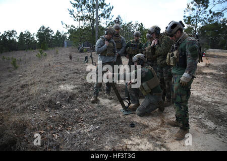 Raiders marines à partir de la Compagnie F, 2d Marine Raider bataillon, perfectionné leurs compétences tir de mortiers de 60 mm dans le cadre d'un exercice collectif de Fort Jackson, L.C., le 25 février 2016. Des Raiders CEP 2d compétences testées à CCE 160225-M-LS286-005 Banque D'Images