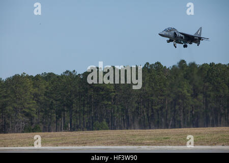 Une attaque de l'Escadron 203 Marines Formation pilote effectue un atterrissage vertical dans un TAV-8B Harrier au Marine Corps Air Station Cherry Point, N.C., 17 mars 2016. L'AV-8B Harrier a été le premier décollage et atterrissage verticaux ou courts jet dans le milieu marin, en donnant l'inventaire les commandants des forces maritime nouvelle flexibilité sur le champ de bataille. (U.S. Le Corps des Marines. Anthony J./Brosilow) Parution-203 VMAT effectue jour et nuit VSTL 160317-M-AD586-121 Banque D'Images