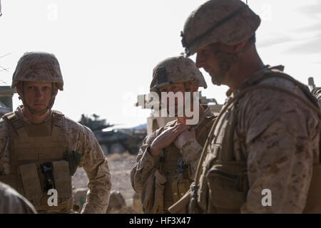 Lieutenant-colonel Andrew Nelson, commandant du 3e Bataillon, 7e Régiment de Marines, le Colonel William Vivian, commandant, 7e Régiment de Marines, et le Major-général Daniel O'Donohue, général commandant la 1 Division de marines, recevoir, un mémoire sur la manœuvre des forces de défense au cours de la partie de 7e Régiment de Marines interarmes de l'exercice de tir réel à bord du centre de combat le 6 avril 2016. CALFEX a servi de la partie cinétique de désert Scimitar 16, un rapport annuel sur l'évolution de la formation de 1ère Division de marines. Marine Corps officiel (photo par le Cpl. Julio McGraw/ libéré) prépare à mars, 7ème Marines conduite CALFEX 1 Banque D'Images