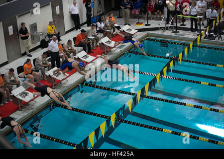 Vétéran du Corps des Marines des États-Unis Jenna Bisone, deuxième à partir de la droite, plongées dans la piscine en 2016 Ministère de la Défense (DoD) compétition de natation Jeux de guerrier à l'Académie militaire des États-Unis à West Point, N.Y., 20 juin 2016. Un Bisone Oceanside, Californie, indigène, est membre de l'équipe des Jeux de guerrier DoD 2016 Marine Corps. La DoD 2016 Jeux de guerrier est un concours sportif adapté des blessés, des malades et des blessés militaires et des anciens combattants de l'armée américaine, Marine Corps, la marine, la Force aérienne et le commandement des opérations spéciales, les Forces armées britanniques. (U.S. Marine Corps photo par le Cpl. Calvin Shamoon/Re Banque D'Images