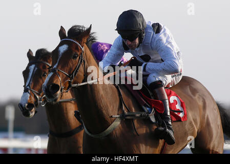 Monté par Elgin Wayne Hutchinson mène Mohaayed monté par Harry Skelton sur le dernier vol avant de continuer à gagner le 32Red Casino Novices' Hurdle Race exécuter au cours de la première journée de la 32Red Winter Festival à Kempton Park racecourse. Banque D'Images