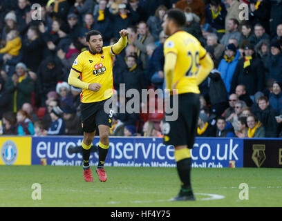 Troy Deeney de Watford (à gauche) célèbre marquant son but premier du côté du jeu au cours de la Premier League match à Vicarage Road, Watford. Banque D'Images