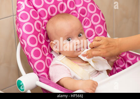 Lingettes mère bouche du bébé avec serviette Banque D'Images