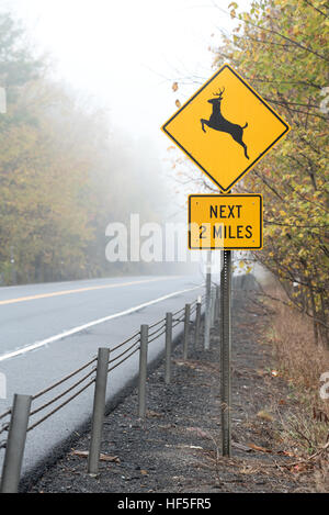 Deer crossing panneau routier sur la route 4 dans le comté de Washington, New York. Banque D'Images