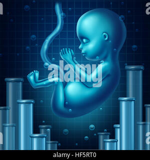 La science de la fécondité comme un symbole de la médecine de la reproduction et de la recherche médicale comme l'icône d'un foetus humain et balise expérimental ou tube à essai verre cont Banque D'Images