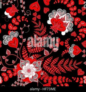 Transparente avec motif élégant fantaisie rouge fleurs et les feuilles sur le fond sombre. Illustration de Vecteur