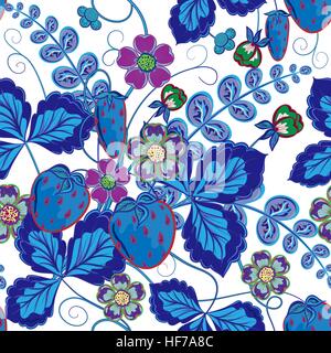 Avec un motif transparent brillant fraise, feuilles et fleurs de ton bleu (vecteur) Illustration de Vecteur