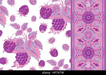 Jeu de vector pattern transparente lilas avec les framboises et frontière (ruban, bande, bande, bande) dans un style de dessin animé. Hand drawn design pour carte de remerciement, carte de Vœux ou d'invitation ou tissu. Illustration de Vecteur