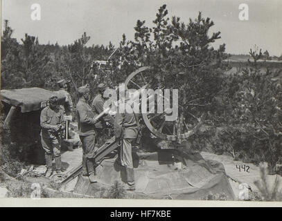 Cette photographie historique de la première Guerre mondiale fait partie de la collection 'Kriegsalbum 95' et présente une scène de l'effort de guerre. L'image capture un moment d'arpentage militaire, donnant un aperçu des opérations tactiques et de la logistique de la première Guerre mondiale Banque D'Images