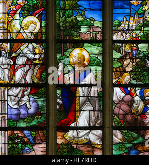 Vitrail représentant Jésus priant dans le jardin de Gethsémani, dans la Cathédrale de Saint-bavon à Gand, Flandre orientale, Belgique. Banque D'Images