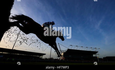 Marracudja monté par Sean Bowen se profile une clôture pendant la 32Red.com Cont Wayward Novices' Chase (Grade 2) au cours de la deuxième journée de la 32Red Winter Festival à Kempton Park racecourse. Banque D'Images