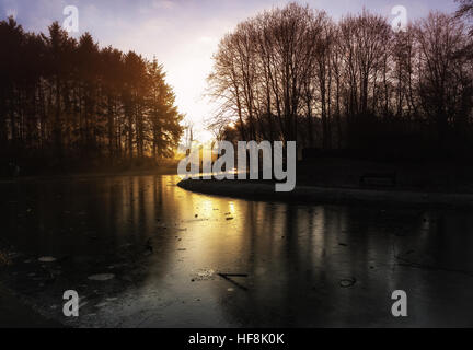 SEDGEFIELD, comté de Durham, Royaume-Uni. 29 décembre 2016. Les marcheurs bravant le froid font leur chemin autour du lac gelé dans Hardwick Park, Sedgefield. Credit : Mark Fletcher / Alamy Images Banque D'Images