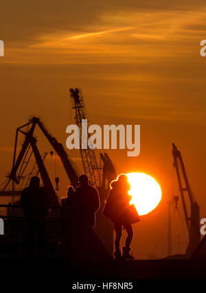 Hambourg, Allemagne. Déc 30, 2016. Le soleil se lève derrière les grues sur Elbe à Hambourg, Allemagne, 30 décembre 2016. Photo : Christian Charisius/dpa/Alamy Live News Banque D'Images