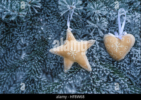 Les jouets de Noël sur un arbre enneigé dans winter park Banque D'Images