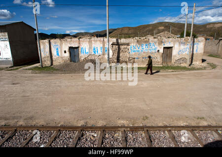 Paysage de l'altiplano péruvien vu de l'intérieur de la Communauté andine Explorer train Orient Express qui s'étend entre Cusco et Puno. L'Altiplano est un haut plateau Banque D'Images