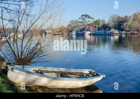 Un bateau à rames est enchaîné à un arbre sur la rive de la Tamise à Windsor dans le Berkshire, Royaume-Uni. Banque D'Images