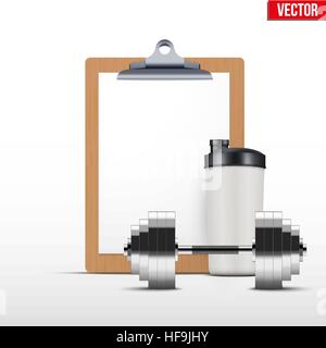 Presse-papiers vierges de coaching et d'entraînement bouteille avec dumpbell. Editable Vector illustration isolé sur fond blanc. Illustration de Vecteur
