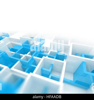 Résumé Contexte numérique blanc et bleu avec cellules carrées chaotique structure, selective focus effet, 3d illustration Banque D'Images