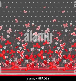 Transparent Vertical gris foncé ressort rouge avec motif floral de pinkstrawberries, feuilles et fleurs et papillons rose Illustration de Vecteur