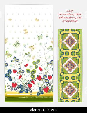 Ensemble de vecteur transparente motif décoratif vertical avec jaune rouge vert fraise et ornement papillon orné et frontière. La texture à la main pour les vêtements, literie, invitation, conception de cartes etc. Illustration de Vecteur