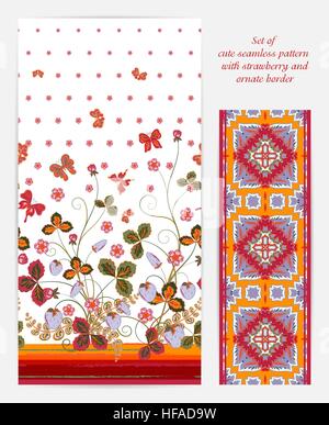 Ensemble de chambres lumineuses avec un modèle sans couture verticale brun-orange, fraise, fleurs et feuilles papillon sur fond blanc orné également Border (bordure bande ruban ruban ) Illustration de Vecteur