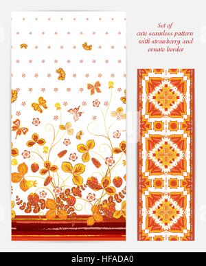 Ensemble de chambres lumineuses avec un modèle sans couture verticale fraise orange, feuilles Fleurs et papillon sur fond blanc orné également Border (bordure bande ruban ruban ) Illustration de Vecteur