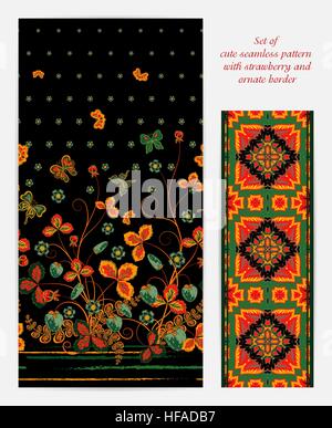 Ensemble de printemps sans soudure verticale avec motif floral noir orange vert fraises, papillons et fleurs ornés également Border (bordure bande ruban ruban ) Illustration de Vecteur