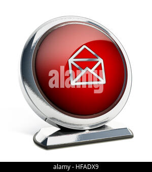 Bouton rouge brillant avec enveloppe ouverte symbole. 3D illustration. Banque D'Images