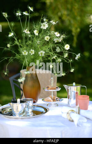 Café en plein air de silver coffee pot sur lin Banque D'Images